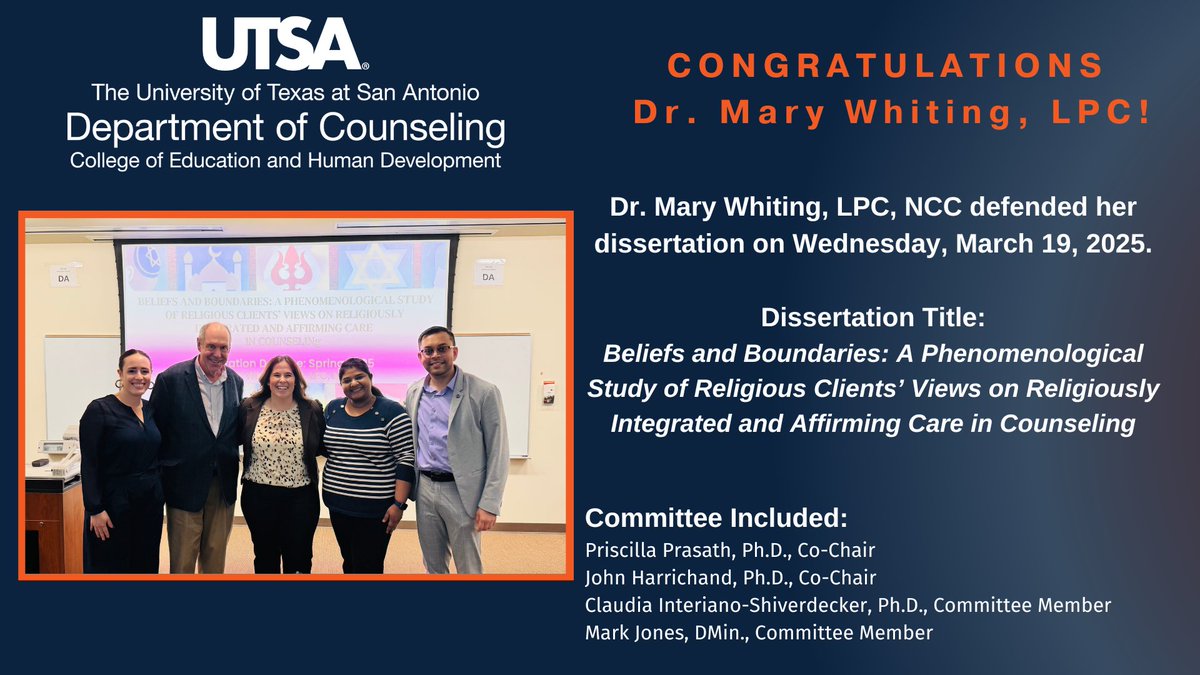 #WonderousWednesdays 
Congratulations to Dr. Mary Whiting, who successfully defended her dissertation today. Dissertation title, Beliefs and Boundaries: A Phenomenological Study of Religious Clients’ Views on Religiously Integrated and Affirming Care in Counseling. #DrWhiting