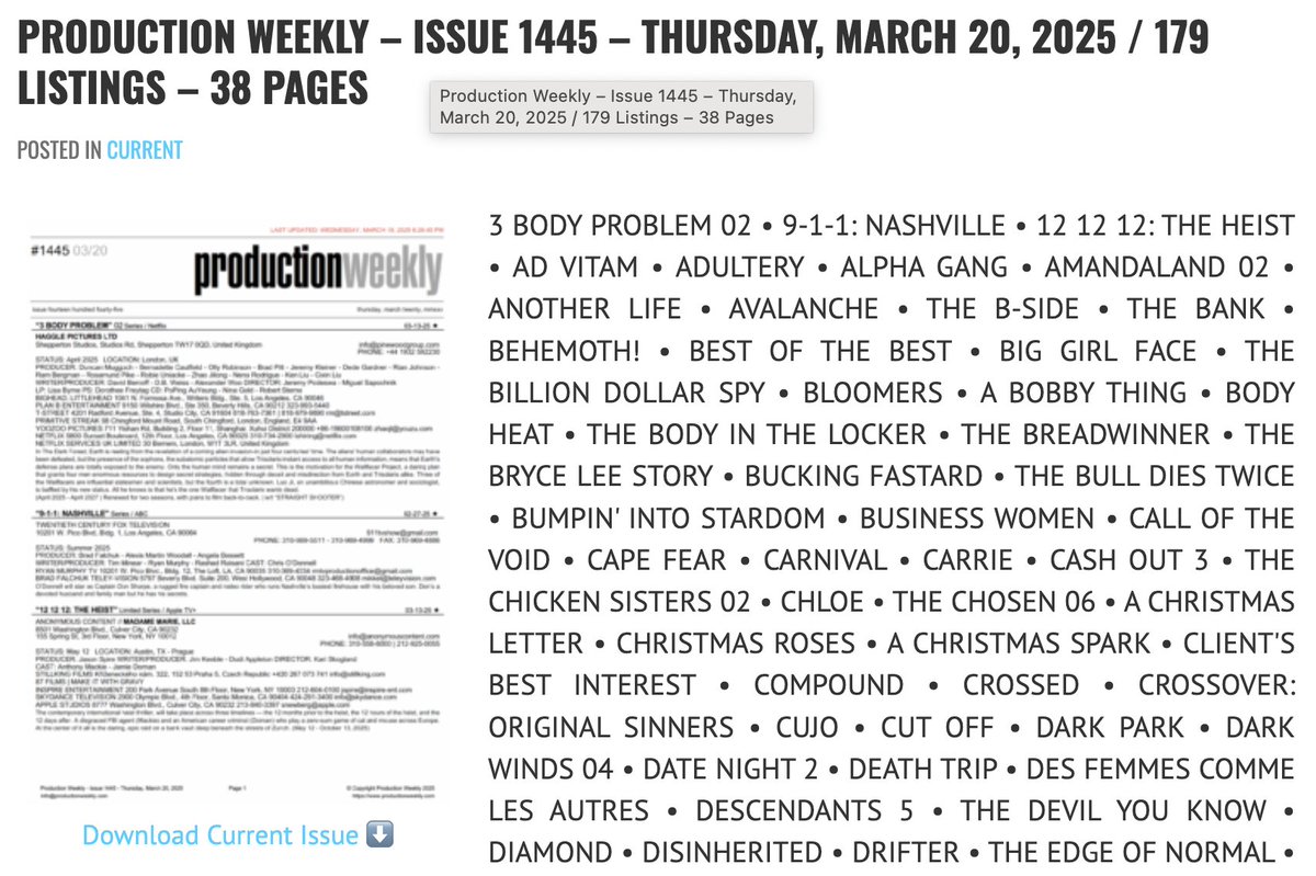 Production Weekly - Issue 1445 - Thursday, March 20, 2025 / 179 Listings - 38 Pages

Download Current Issue ⬇️

productionweekly.com/production-wee…