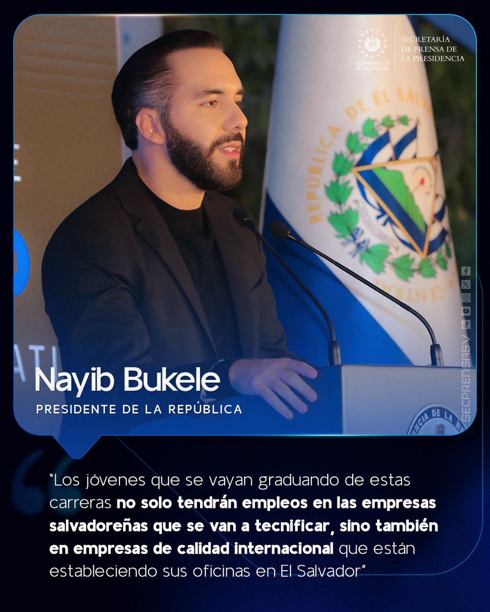 SecPrensaSV's tweet photo. #KeyInstitute | El Presidente @nayibbukele resalta que los jóvenes graduados de estas carreras podrán acceder a oportunidades laborales tanto en empresas nacionales como internacionales. #SecretaríaDePrensa https://t.co/ZIa2wVIWpR