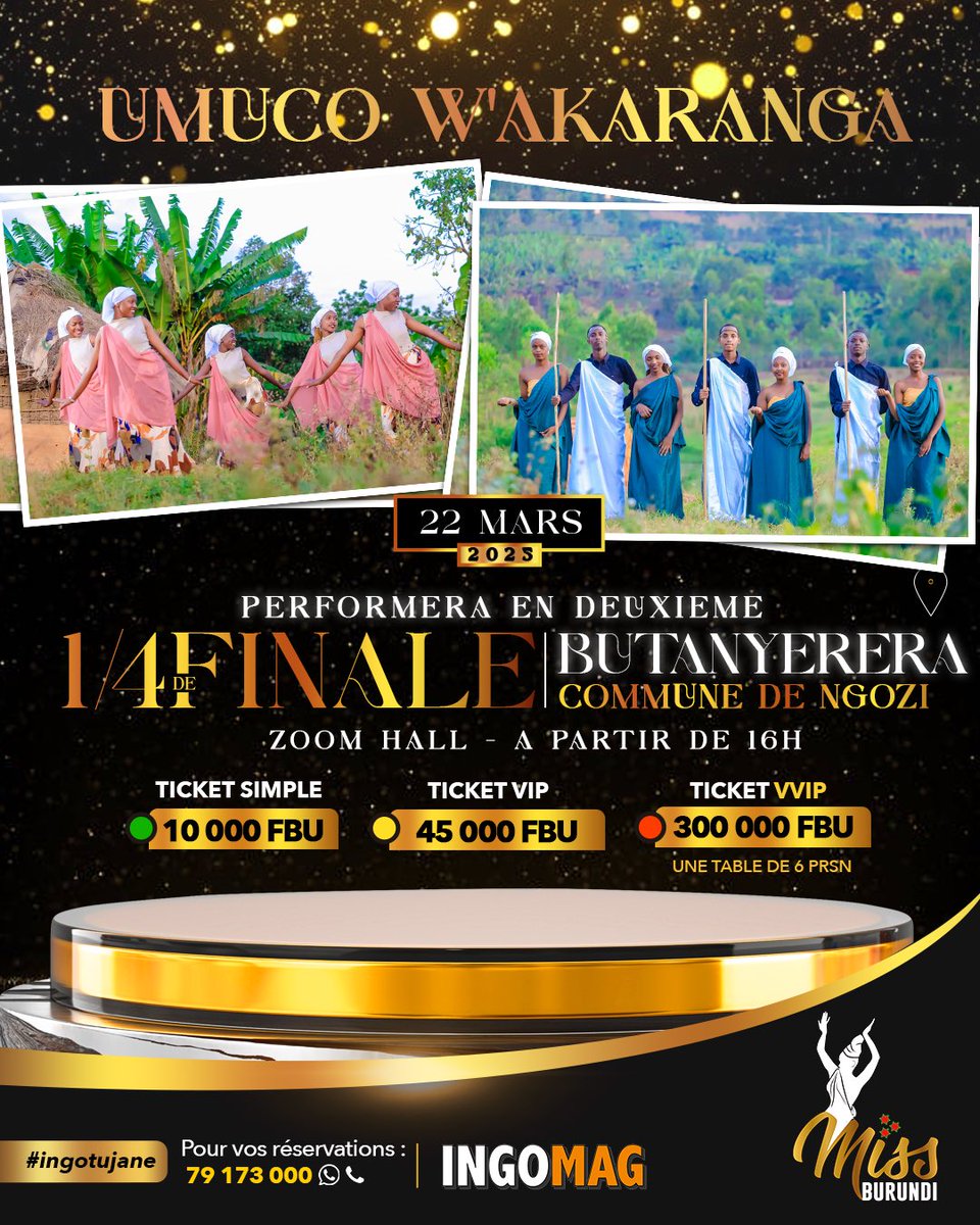 La culture sera au rendez-vous lors des quarts de finale de #MissBurundi2025 ! La troupe Umuco w’akaranga de #Ngozi s’apprête à offrir une prestation artistique pour sublimer l’événement. Rendez-vous ce samedi 22 mars 2025 dès 16h au Zoom Hall, à #Butanyerera.
#Burundi
