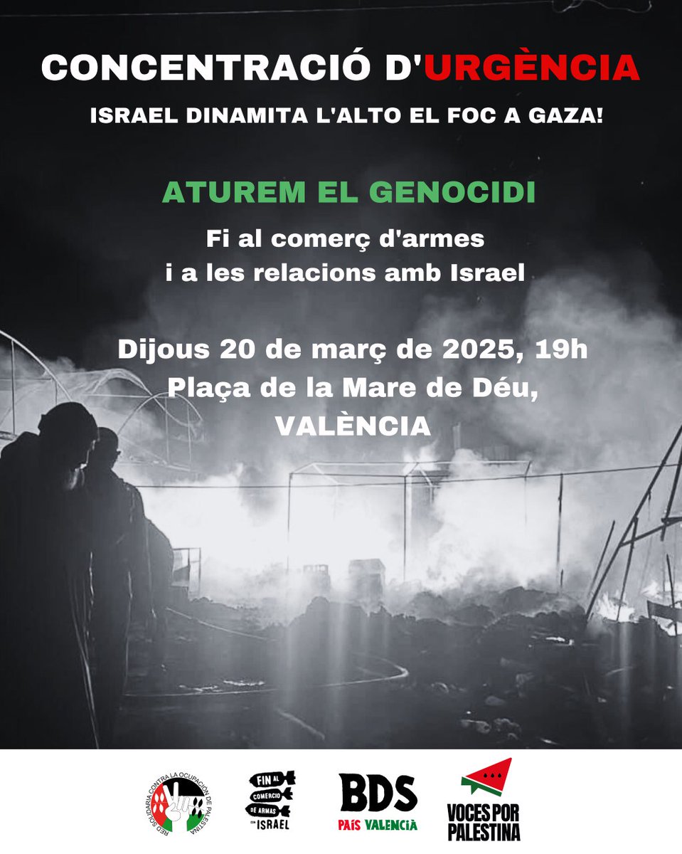 BDSPaisValencia's tweet photo. 🇵🇸❗️CONCENTRACIÓ D'URGÈNCIA PER PALESTINA A ALACANT I A VALÈNCIA HUI DIJOUS 20 DE MARÇ❗🇵🇸

📍 *ALACANT*: Escales del Mercat Central, 20/3/2025, 19h

📍 *VALÈNCIA*: Plaça de la Mare de Déu, 20/3/2025, 19h

📢 Israel dinamita l'alto el foc a Gaza! Aturem el genocidi! https://t.co/8vqBnAr3fE