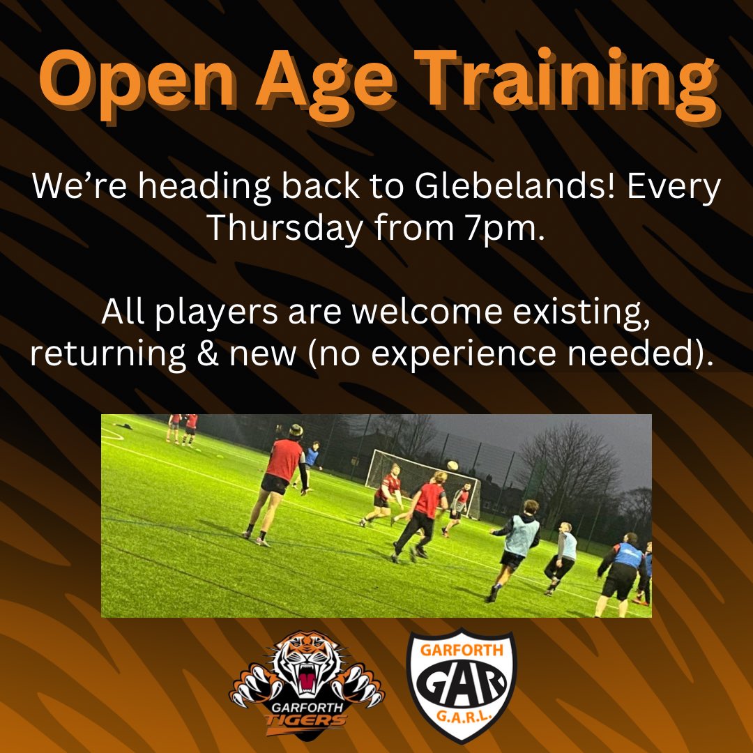 🐅 From tonight, our open age will be back at Glebelands every Thursday from 7pm!

All are welcome. For more information please get in touch. 

#UpTheTigers #GarforthTigers #RugbyLeague #Garforth #Leeds #Tigers #Rugby #League
