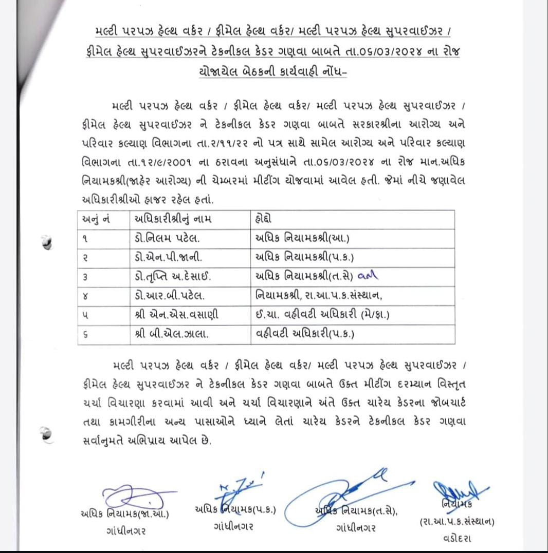પંચાયત હસ્તકના આરોગ્ય કર્મચારીઓ MPHW, MPHS,FHW,FHS જેમની વ્યાજબી માંગણી ની  સરકારશ્રી દ્વારા ૨૦૨૨ માં નિમાયેલી કમિટીના તા - ૧૩-૦૩-૨૦૨૪  ના અહેવાલ મુજબ ટેક્નિકલ કેડર ગણીને એ મુજબ પગારધોરણ સુધારવા અને ખાતાકીય પરીક્ષા રદ્દ કરવા વિનંતી.
#ટેકનિકલ_પગાર_ધોરણ 
<a href="/CMOGuj/">CMO Gujarat</a> 
<a href="/irushikeshpatel/">Rushikesh Patel</a>
