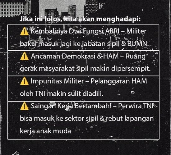 RM_TeamIna's tweet photo. [Sorry Not RM Related]
Meski tak turun kejalan, suara kita tetap sangat dibutuhkan!!

#TolakRUUTNI
#TolakRevisiUUTNI
#PeringatanDarurat 
#IndonesiaGelap
#TolakDwifungsiABRI https://t.co/TMnirBxOFu