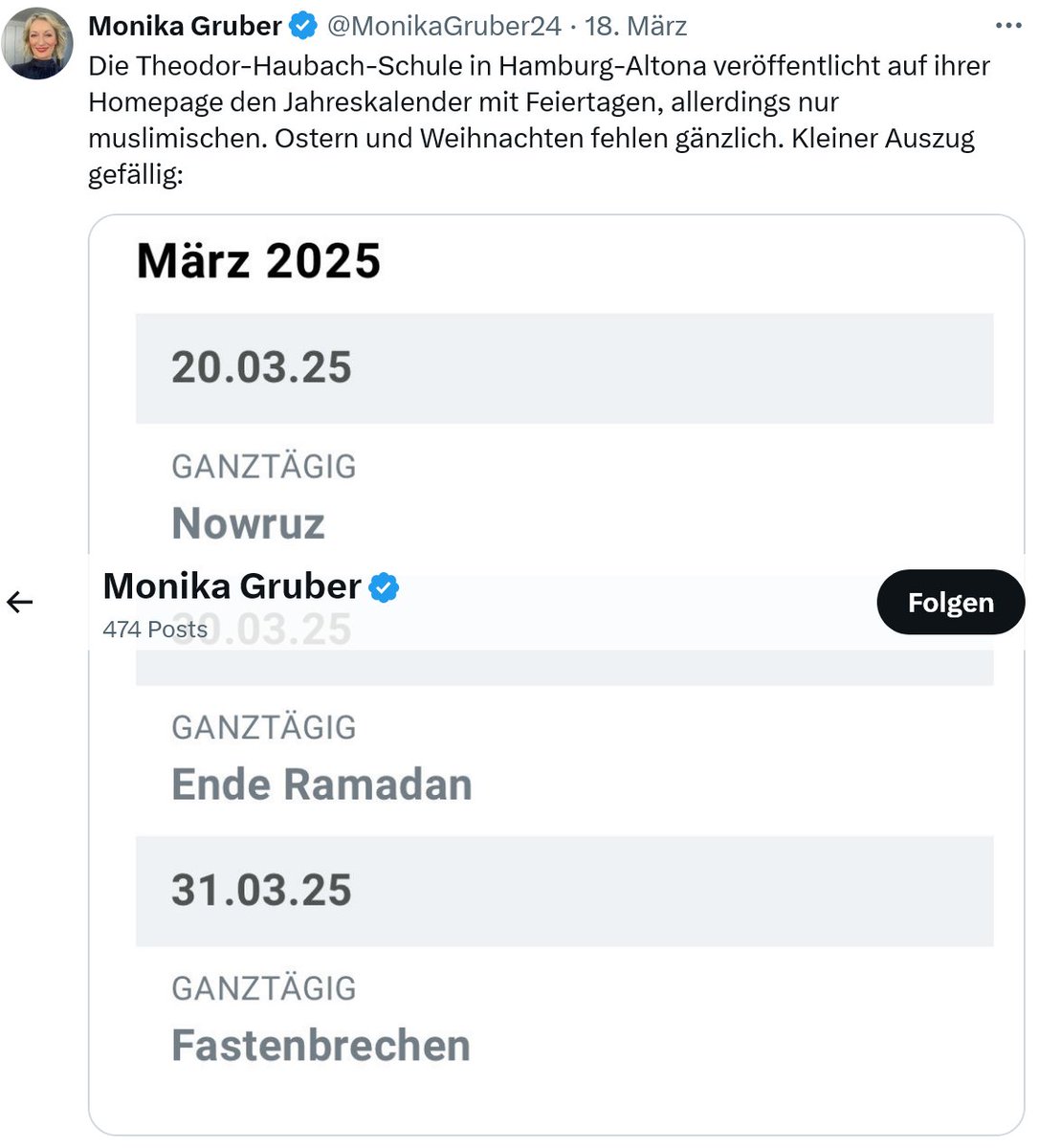 uersel_fuhrer's tweet photo. Die abgehalfterte nicht-Komikerin, Monika Gruber (@MonikaGruber24) versucht gerade mit Desinformation, das dümmste Prozent ihrer Null-Checker Bubble auf eine Schule zu hetzen.

Und was, wenn irgendwelche dieser Naziverschnitte irgendwas anstellen, was Schaden an Leib und Leben nach sich zieht? Dann hat man das ja nicht ahnen können, oder..?

So funktioniert #Faschismus 2.0.
#fckNZS