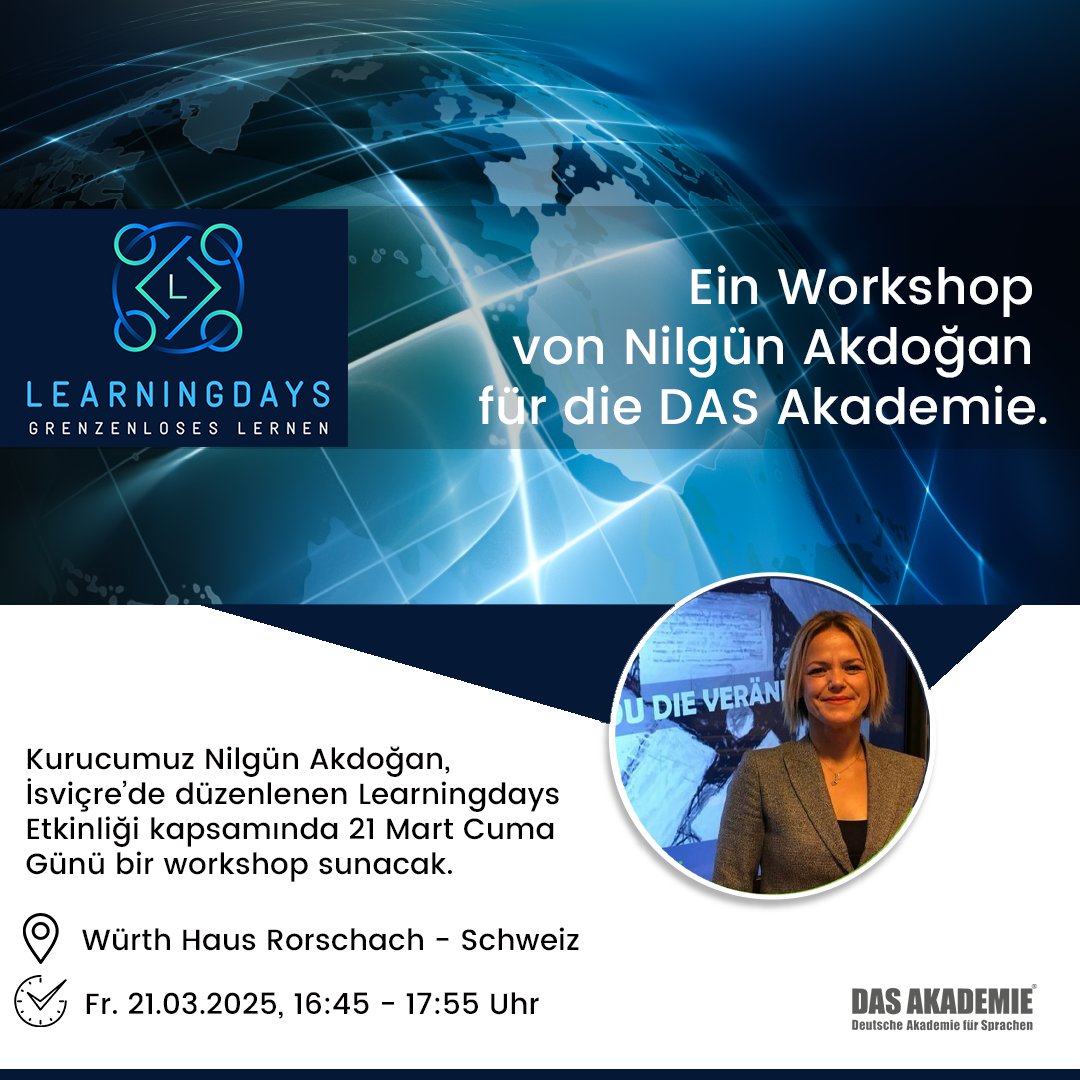 DAS_Akademie's tweet photo. Kurucumuz Nilgün Akdoğan, İsviçre’de düzenlenen Learningdays Etkinliği kapsamında 21 Mart Cuma Günü bir workshop sunacak. 

https://t.co/hdS4fgB8nx 

#dasakademie #almancaöğren #deutschmachtspass #deutschlernenonline #almanca #dilöğren #almancadili #almanyadayaşam #learningdays https://t.co/VMdCMuQq4n