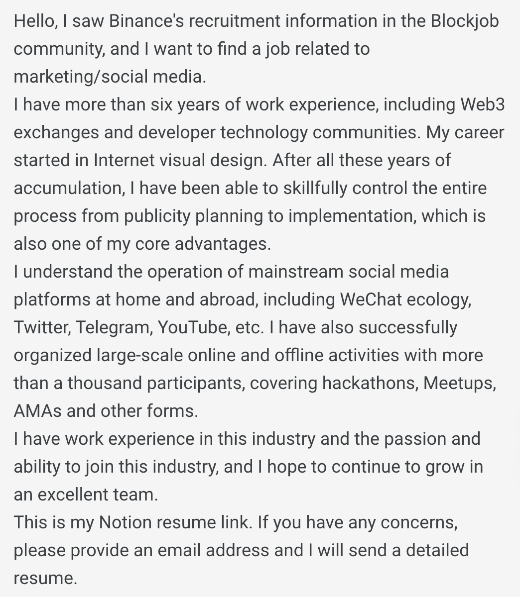 T_userL's tweet photo. @bianheyi 
Hello, I saw Binance's recruitment information in a community, and I want to find a job related to marketing/social media.
This is my self-introduction and resume link👇

Resume link：https://t.co/B80BogJcWu https://t.co/BgSTqPBoYD