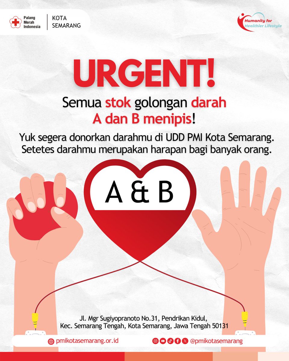 Memanggil semua golongan darah A dan B! Saat ini stok darah A dan B di UDD PMI Kota Semarang sedang menipis, yuk donorkan darahmu untuk yang membutuhkan ❤

#DonorDarah #DonorDarahSemarang #GolonganDarahA #GolonganDarahB #PMIKotaSemarang #PMI #PalangMerahIndonesia #PMIselalubantu
