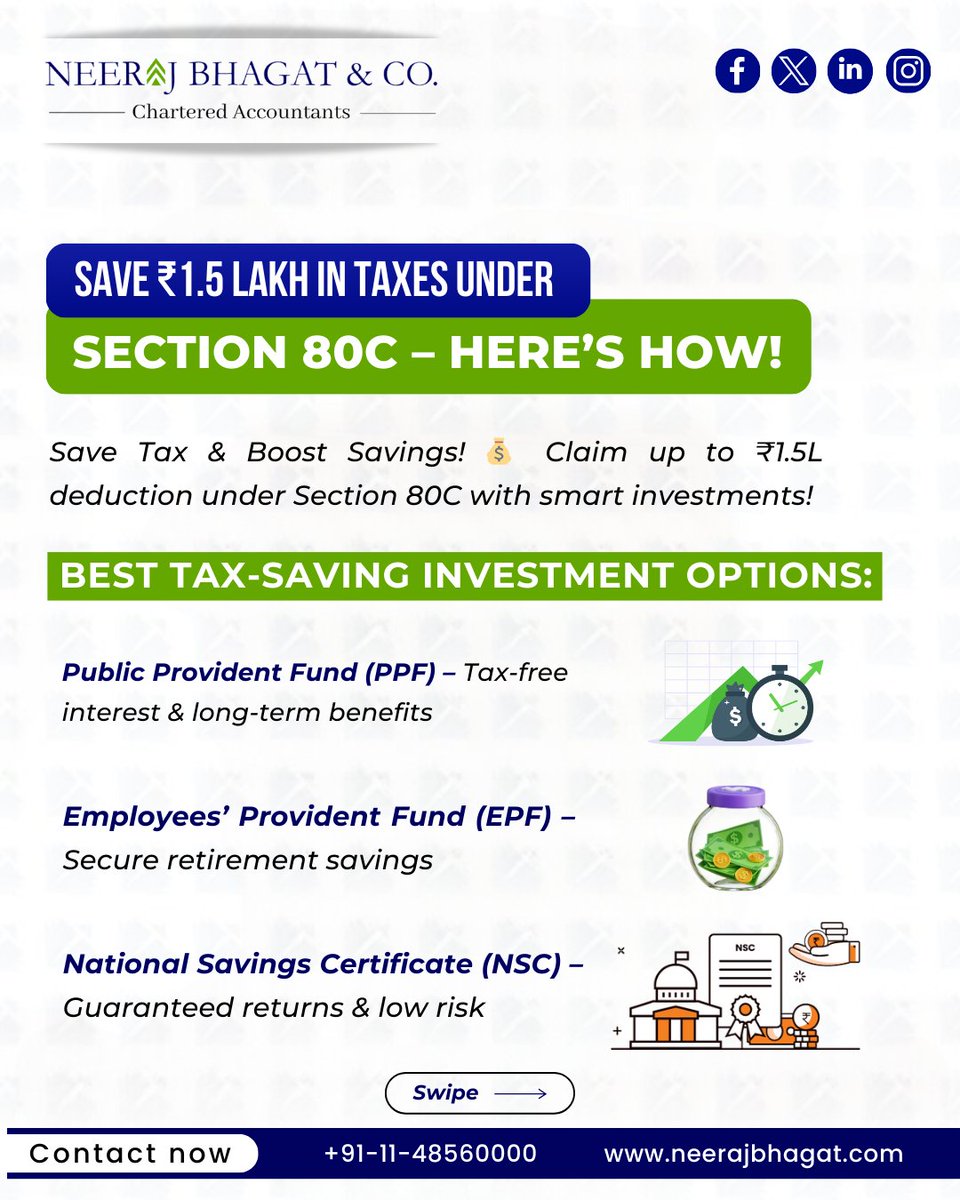neerajbhagatco's tweet image. 💰 Maximize Your Savings &amp;amp; Slash Your Taxes! 💰  

Call us today: 📞 +91-11-48560000
Email: 📧 info@neerajbhagat.com
Enquire now: neerajbhagat.com
.
.
.
#taxsavings #section80c #smartinvesting #financialplanning 
#NBC #CARuchikaBhagat #NeerajBhagat