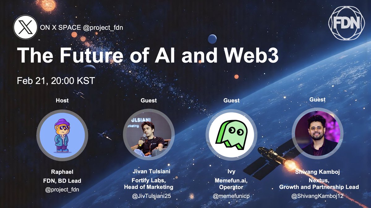Facial DN(A+I) Network (FDN) (@project_fdn) on Twitter photo 🚀 We are excited to host a Twitter Space on “The Future of AI and Web3”!
🗓 Date: Mar 21 (Friday)
⏰ Time: 20:00 KST
📍 <a href="/project_fdn/">Facial DN(A+I) Network (FDN)</a>
➡️ Starring incredible guests from <a href="/JivTulsiani25/">Jivan Tulsiani</a> <a href="/memefunicp/">MemeFun ∞</a> <a href="/ShivangKamboj12/">shadow</a>
Join me and our amazing panelists to discuss the future of AI 🚀 We are excited to host a Twitter Space on “The Future of AI and Web3”!
🗓 Date: Mar 21 (Friday)
⏰ Time: 20:00 KST
📍 <a href="/project_fdn/">Facial DN(A+I) Network (FDN)</a>
➡️ Starring incredible guests from <a href="/JivTulsiani25/">Jivan Tulsiani</a> <a href="/memefunicp/">MemeFun ∞</a> <a href="/ShivangKamboj12/">shadow</a>
Join me and our amazing panelists to discuss the future of AI