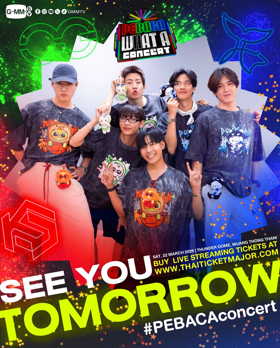 GMMTV's tweet image. SEE YOU TOMORROW!
รอรับความโจ๊ะจาก PEBACA กันได้เลย! ❤️💚💙

‘PEBACA WHAT A CONCERT’
🗓 Sat, 22 Mar 2025 | Thunder Dome, Muang Thong Thani

BUY LIVE STREAMING TICKETS 👉🏻 shorturl.at/gSt35

#PEBACAconcert 
#GMMTV