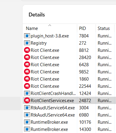 quantelol's tweet photo. If you get the Connecting... chat bug that won't let you type/see  in pre/post game lobbies, close RiotClientServices.exe from task manager (under Details). 

Pretty sure the bug happens if you swap accounts