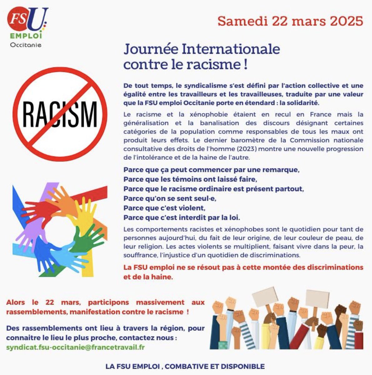FSU EMPLOI OCCITANIE (@fsuemploiocc) on Twitter photo 22 mars 2025 : Journée Internationale contre le Racisme ! <a href="/FsuNationale/">FSU</a> <a href="/FSUEMPLOI/">FSU Emploi</a> <a href="/FSUEMPLOIOCC/">FSU EMPLOI OCCITANIE</a> 22 mars 2025 : Journée Internationale contre le Racisme ! <a href="/FsuNationale/">FSU</a> <a href="/FSUEMPLOI/">FSU Emploi</a> <a href="/FSUEMPLOIOCC/">FSU EMPLOI OCCITANIE</a>