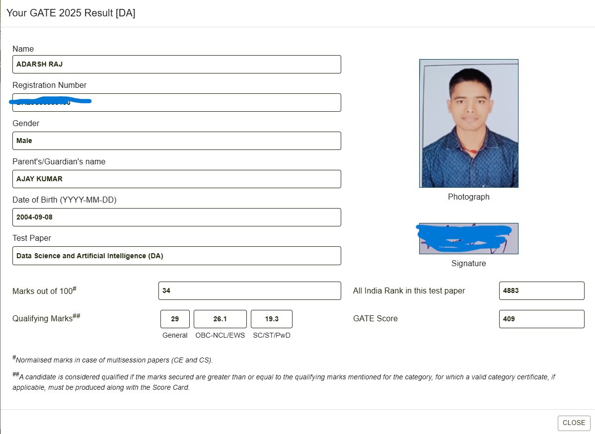 Adarsh_36's tweet photo. I appeared for GATE DA 2025 in my 3rd year and scored 34 marks (AIR 4883)! 🎯 Glad to gain this experience early on. This attempt gave me clarity, and I’m motivated to aim higher next time! 

#GATE2025 https://t.co/HIc0IgmlF9
