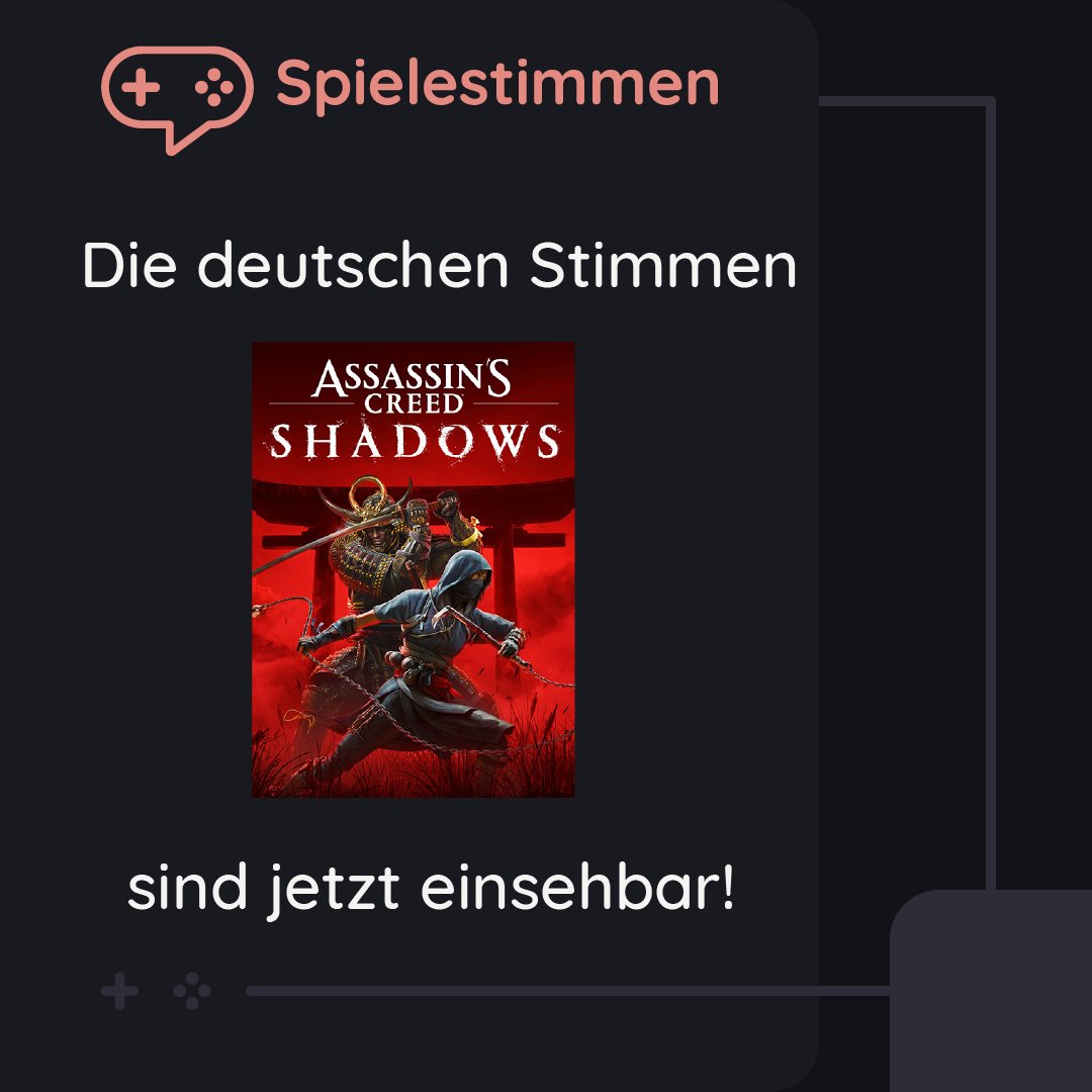 Passend zum Start von #AssassinsCreedShadows haben wir alle deutschen Stimmen aus den Credits abgerufen und dank der Unterstützung unseres Discord-Servers bereits die ersten Rollen zugeordnet.

Schaut rein &gt;&gt; spielestimmen.de/spiele/assassi…