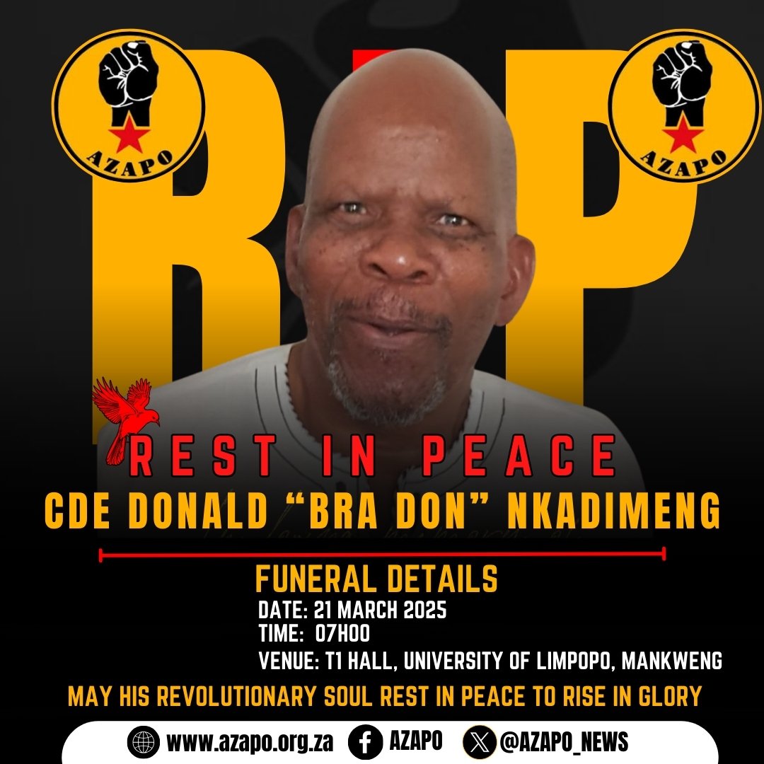 Bra Don will be buried, on 21 March 2025 on Heroes Day at <a href="/ULvarsity/">University of Limpopo</a> T1 Hall in Mankweng. 

The day was chosen as Bra Don was a hero in life and in the legal profession where he has progressively defended black people against the system that seeks to oppress them.

#RIPBraDon