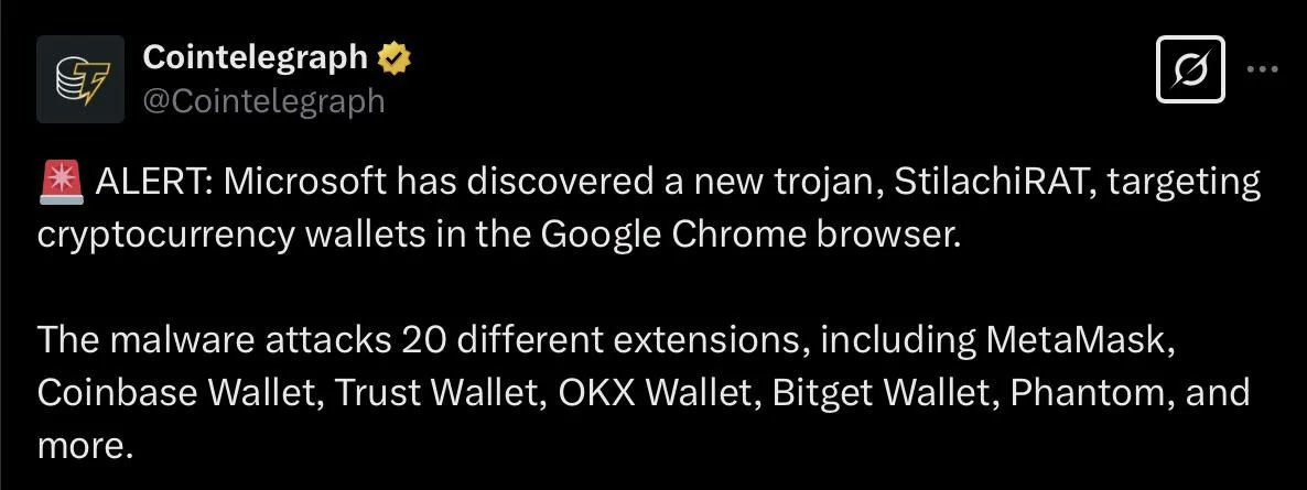 blockchbuzz's tweet photo. 🚨 @Microsoft warns: StilachiRAT Trojan is stealing crypto wallets from Google Chrome! 
Affected wallets include @MetaMask , @TrustWallet , Coinbase, and more. Secure your funds now! 🔒 

Read more: https://t.co/RJcTg8hxSg 
#CryptoSecurity #StilachiRAT #Malware https://t.co/9ZzMsXBS83
