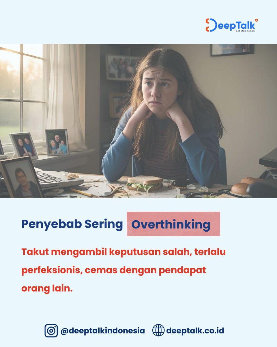 Sering mikirin sesuatu berulang - ulang sampai gak bisa tidur? hmm itu namanya kamu lagi overthinking.

Overthinking bisa bikin kita sulit tidur, cemas, bahkan stres. Tapi jangan khawatir, yuk atasi dengan cara yang tepat.

DeepTalk : Let's Talk Deeply ✨