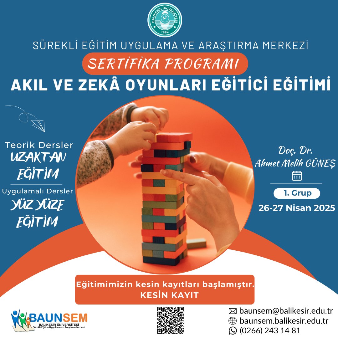 BAUNSEM's tweet photo. Akıl ve Zekâ Oyunları Eğitici Eğitimimizin kesin kayıtları başlamıştır.
Detaylı bilgi ve kesin kayıt için
👉https://t.co/TydReBrF7c ziyaret edebilir,
📧baunsem@balikesir.edu.tr
mail atabilir ya da
☎️0266 243 14 81’den bize ulaşabilirsiniz.
@balikesiruni https://t.co/pPyRdBUt8i
