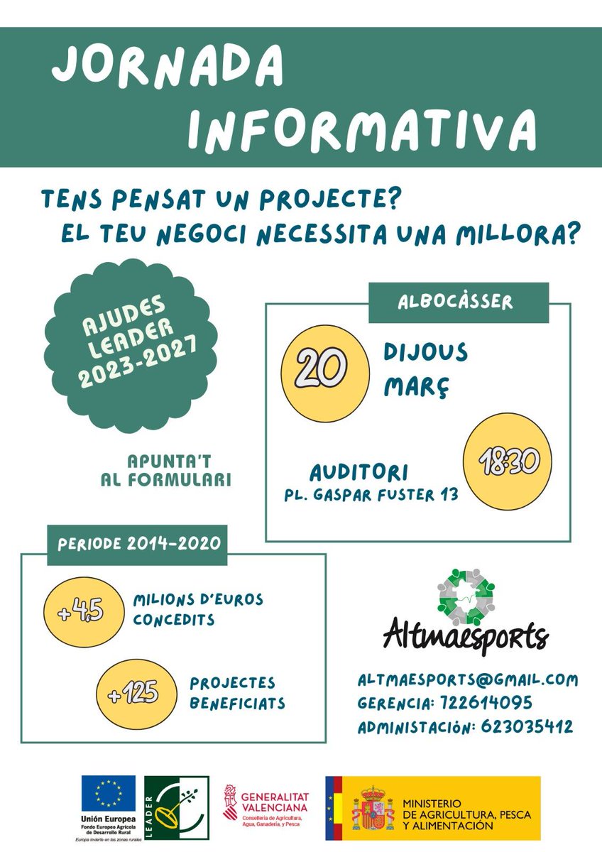 📣 Aquesta vesprada es celebra una nova jornada informativa d'Altmaesports Leader GAL per a explicar les possibilitats que ofereixen les Ajudes LEADER 2023-2027

📍 Dijous 20 de març a les 18.30h en l'Auditori d'Albocàsser

📝 Inscripcions: forms.gle/ELndKqbeCLBiEZ…