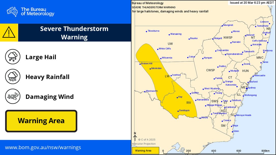 BOM_NSW's tweet photo. ⚠️ 6:23pm ⛈️Severe Thunderstorm Warning for #LargeHail #DamagingWinds and #HeavyRain
For people in parts of Riverina, Upper Western and Lower Western Forecast Districts.
Severe thunderstorms developing in inland New South Wales.
https://t.co/tYiUXby2yr https://t.co/f5xCKOwkrV