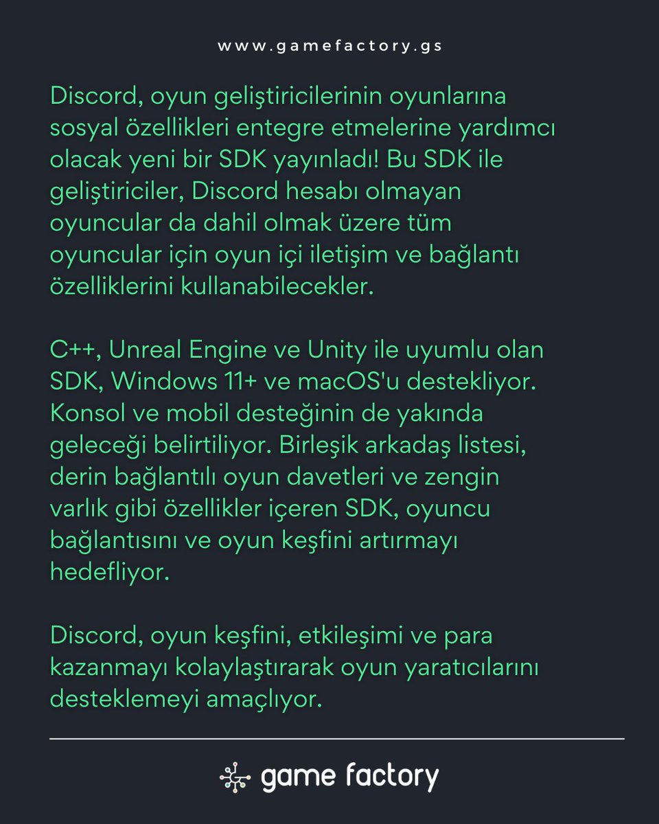 Discord oyunları sosyalleştiriyor! Yeni SDK ile oyun içi etkileşim artıyor. Oyunlara sosyal özellikleri entegre etmek artık daha kolay. Oyun keşfi ve etkileşimi artırmak için harika bir adım! 

#Discord #SDK #oyungeliştirme #oyunhaberleri