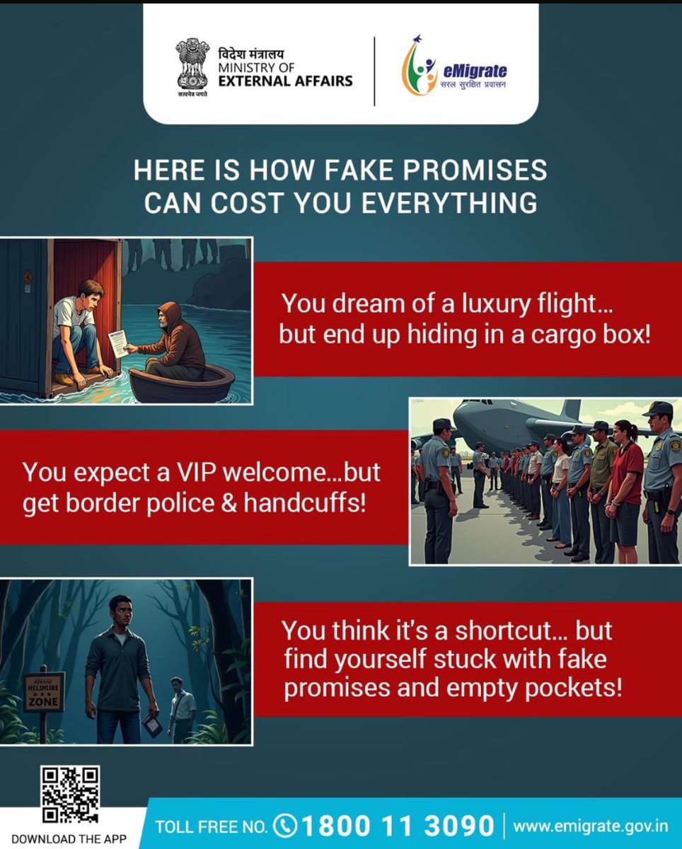 Dream Big, but Travel Smart!
Dunki route may seem easy but puts your future in danger. Find and choose verified Recruiting Agents at emigrate.gov.in for safe and legal overseas employment.

#eMigratePortal #VideshRozgarSathi #WorkVisa #SafeMobility