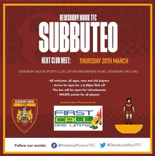 Open club night tonight! Feel free to come and give Subbuteo a go <a href="/dewsburymoorARL/">Dewsbury Moor Sports Club</a> sports club - No cost to play and equipment can be provided 🙂