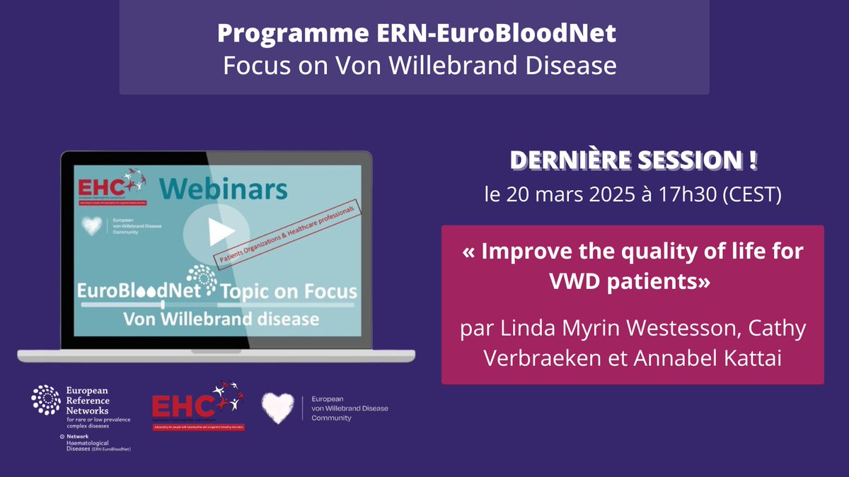 MHEMO (@filieremhemo) on Twitter photo 💻 J-J Webinaire EuroBloodNet
Rendez-vous ce soir à 17h30 pour la dernière session du programme <a href="/ERNEuroBloodNet/">ERN EuroBloodNet</a> Focus on Von Willebrand Disease : "Improve the quality of life for VWD patients" !
📄 Inscription gratuite ➡️ urlr.me/fj7zQ2 💻 J-J Webinaire EuroBloodNet
Rendez-vous ce soir à 17h30 pour la dernière session du programme <a href="/ERNEuroBloodNet/">ERN EuroBloodNet</a> Focus on Von Willebrand Disease : "Improve the quality of life for VWD patients" !
📄 Inscription gratuite ➡️ urlr.me/fj7zQ2