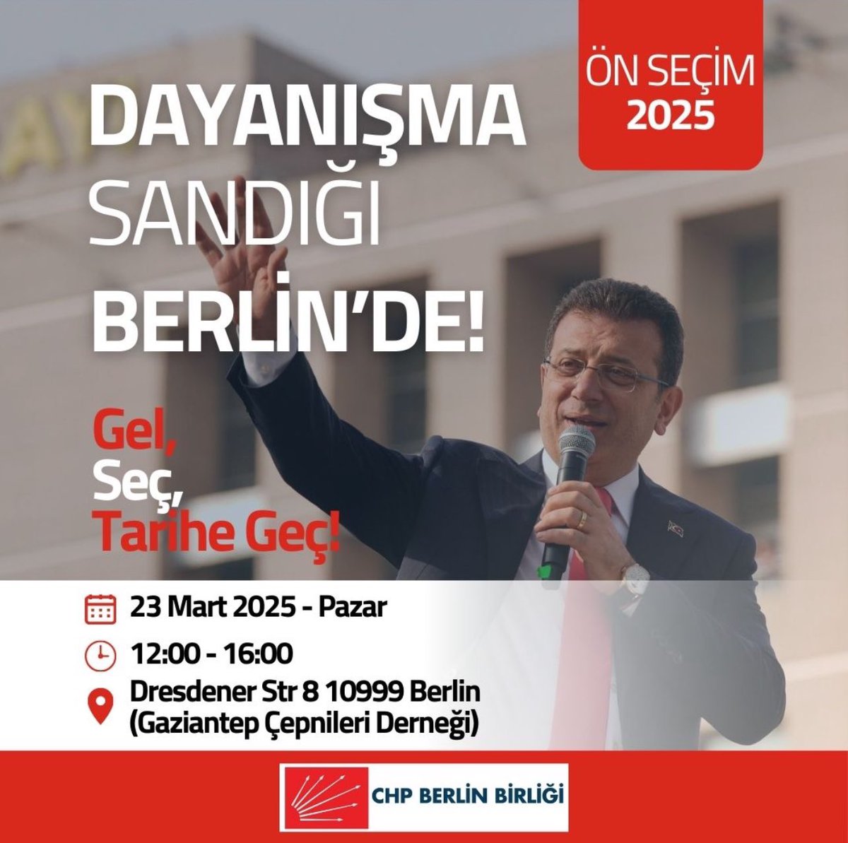 Herkesi bekliyoruz. 
YA ŞİMDİ YA HİÇBİR ZAMAN 
KURTULUŞ YOK TEK BAŞINA. YA HEP BERABER YA HİÇBİRİMİZ 
#ekremimamoglu #CHP #eczozgurozel #chpberlinbirliği #ensaraytekin10 #MehmetTüm #chpalmanyafederasyonu #chpkadınkolları #chpgenclikkollari