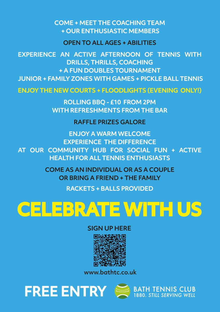 🎾 Bath Tennis Club Open Day – 26th April! 🎾 Tennis, BBQ &amp; social fun! Open to all from noon. 📍 Sign up now! #BathTennisClub #TennisForAll #CommunitySports #OpenDay

tinyurl.com/3ctdyra8