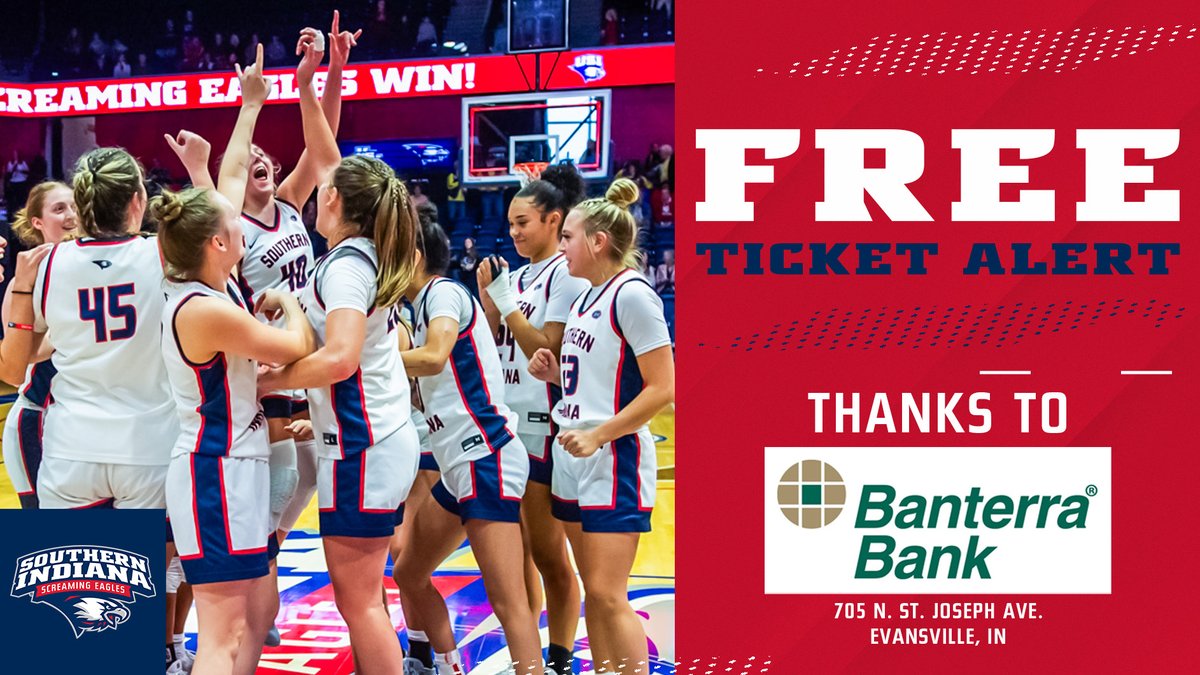 USI Athletics (@usiathletics) on Twitter photo 🚨𝗙𝗥𝗘𝗘 𝗧𝗜𝗖𝗞𝗘𝗧𝗦🚨
Good news, USI fans! A limited number of free tickets for Sunday's <a href="/usiwbb/">USI Women’s Basketball</a> second-round game in the WNIT are available at Banterra Bank's west side location in Evansville. First come, first serve while the tickets last. Limited to a maximum of six (6) 🚨𝗙𝗥𝗘𝗘 𝗧𝗜𝗖𝗞𝗘𝗧𝗦🚨
Good news, USI fans! A limited number of free tickets for Sunday's <a href="/usiwbb/">USI Women’s Basketball</a> second-round game in the WNIT are available at Banterra Bank's west side location in Evansville. First come, first serve while the tickets last. Limited to a maximum of six (6)