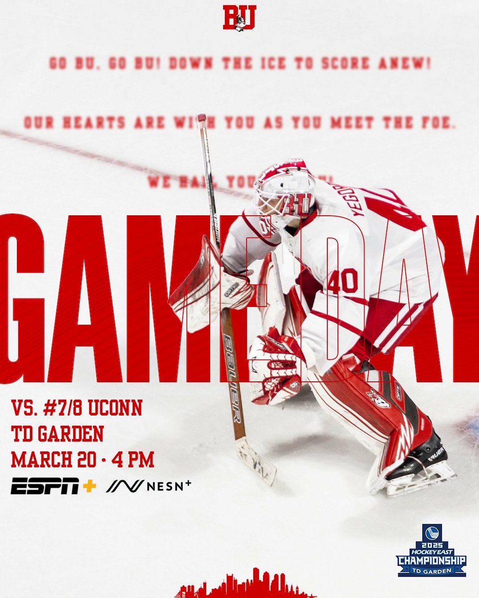 Game day graphic featuring photo of BU goaltender Mikhail Yegorov. BU vs. #7/8 UConn, TD Garden, March 20, 4 PM on NESN+ and ESPN+
