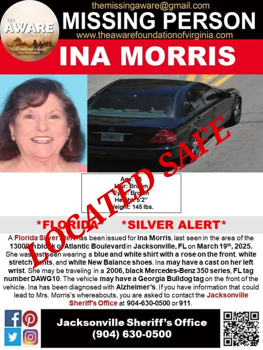 aware_the's tweet photo. UPDATE: We are happy to report that Ms. Morris has been located and is SAFE.
#InaWilliams #MissinginFlorida #jacksonvilleflorida #SilverAlert #TheAWAREFoundationInc https://t.co/MaiSrXxnEb