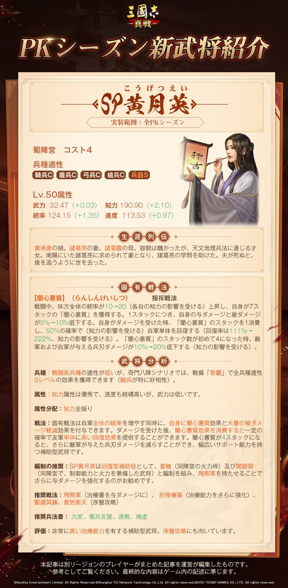 ShinSen_SGS's tweet photo. 📢新武将 #SP黄月英 がまもなくPKシーズンに登場！

SP黄月英は、自軍全体の統率を上昇させ、自身がダメージを受けた際に高確率で自軍を治療するサポーター

継承戦法 #功不唐捐、事件戦法 #衆志成城 も登場し、戦場に新たな風を吹き込む

RPした方から抽選で2名様にAmazonギフトカード1000円分を贈呈 https://t.co/uVUMa1fAld