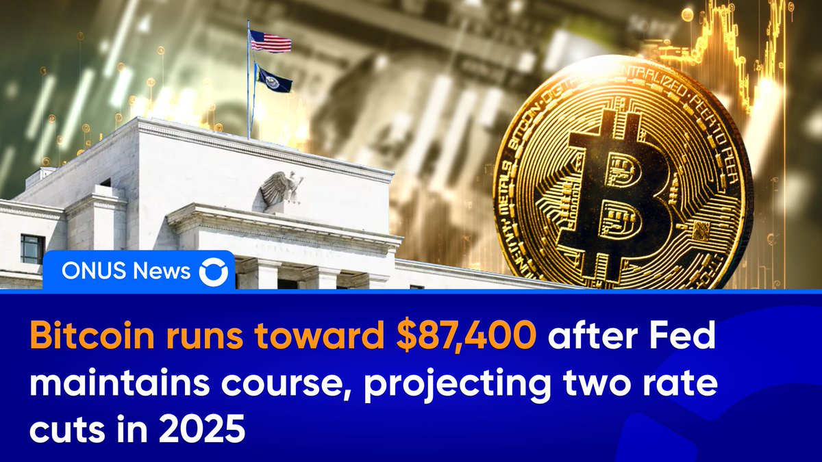 ONUSFinance's tweet photo. 🚀 #Bitcoin runs toward $87,400 after #Fed maintains course, projecting two rate cuts in 2025

📢 According to an announcement released on March 19, #Fed has confirmed that it will keep interest rates unchanged in the 4.25% - 4.5% range, consistent with the last two meetings in December 2024 and January 2025.

📉 Additionally, the #Fed announced plans to trim its “QT” policy and will implement two 0.25% interest rate cuts in 2025.

🔥 Following the #Fed's statements, $BTC continued its rally, reaching an intraday high of $87,427, the highest price since March 8.

📊 Not just $BTC, but other Top 10 cryptocurrencies also saw a strong recovery, gaining between 2% - 10%.

📈 Trade $BTC and 500+ other digital assets: https://t.co/WezajafiJU