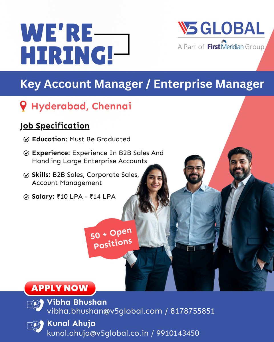 v5globals's tweet photo. Hiring! Key Account Manager / Enterprise Manager)!
Click on link to share your cv - https://t.co/pAjbGJh5Fw
#SalesJobs #OneFM #OneFirstMeridian #v5global #FMGlobal #internship #Placementcell #placementcommittee #Noida #jobsnoida https://t.co/0qvuB8OmGZ