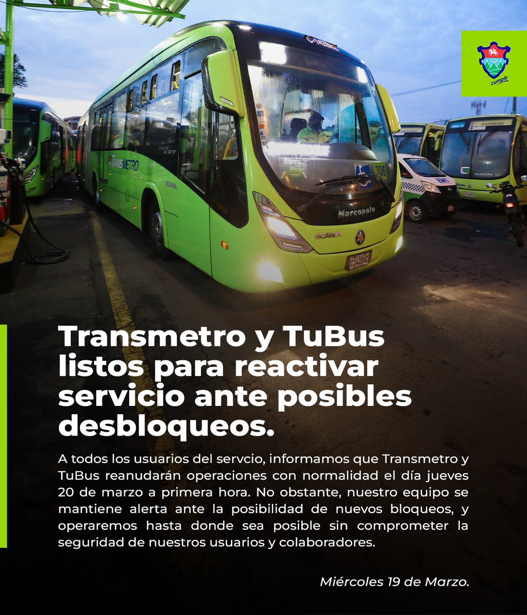 #InformaciónOficial  |  A todos los usuarios del servicio de <a href="/TransmetroGuate/">Transmetro MuniGuate</a> y <a href="/TuBusMuniGuate/">TuBus MuniGuate</a> informamos que las unidades se encuentran listas para reactivar servicio el día de mañana jueves 20 de marzo, ante posibles desbloqueos.

Infórmate de los estados de servicio en tiempo