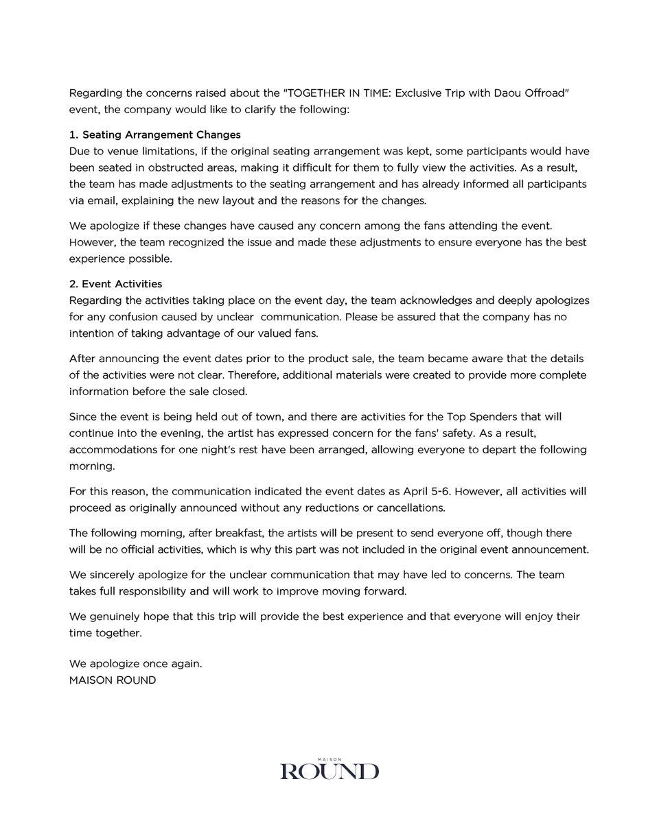maison_round's tweet photo. Announcement Regarding Concerns About the Event "TOGETHER IN TIME: Exclusive trip with Daou Offroad"

#maisonround https://t.co/oRAJFckO22