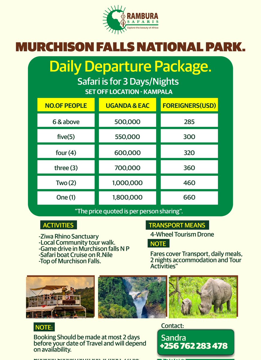 Dear good people.

Have you ever visited Murchison falls National Park.

Rambura Safaris has put together an affordable daily departure package to tour Murchison falls National Park.

For details, read through the flier.

Thank you.

#RamburaUganda
#ExploreUganda 
#TravelGoals