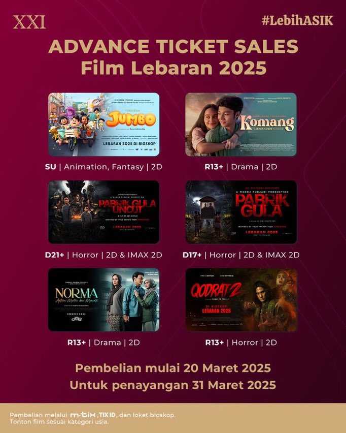 proquestfilm's tweet image. Yuk merapat dan segera beli tiket #FilmLebaran 🎬👍
Film Jumbo , Film Komang , Film Pabrik Gula , Film Norma , Film Qodrat 2