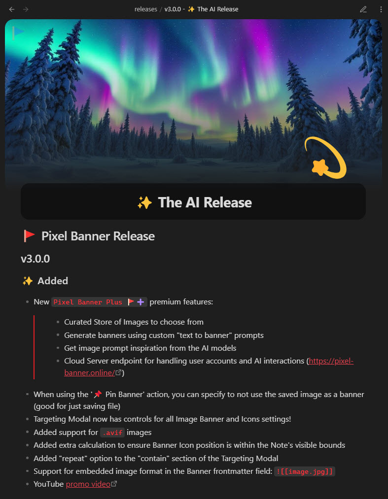 jparkerweb's tweet photo. 🚩 Pixel Banner ⋅ v3.0.0 - ✨ The AI Release
⇢ New `Plus ➕` premium features:
> Curated Store of Images to choose from 
> Generate banners using Gen AI
> Image prompt inspiration via AI models

💎 https://t.co/Gy5XvL8NOU

#Obsidian #ObsidianMD #Plugins #Banners https://t.co/QY8tbsbvdc
