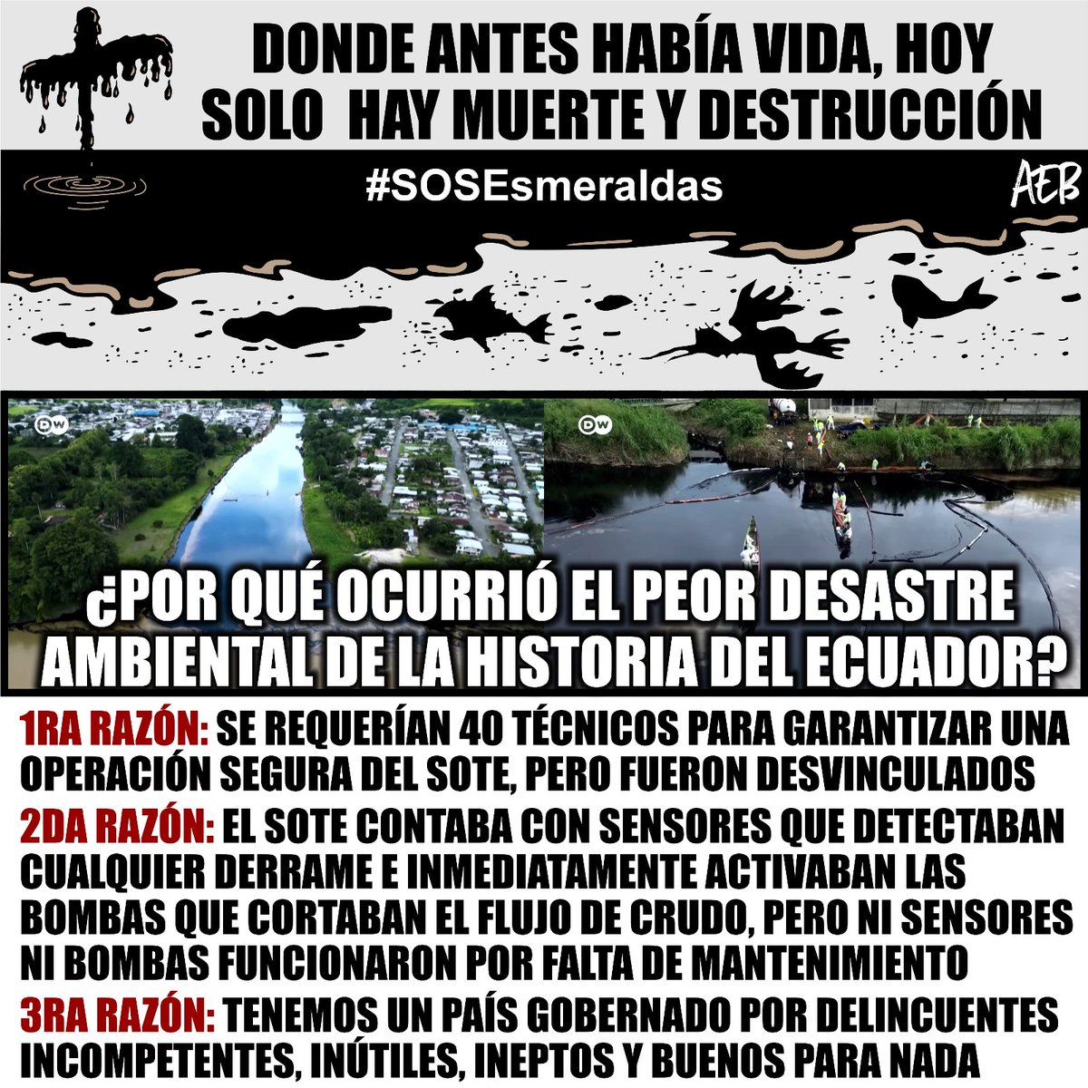 Por lo menos 1 millón de galones de crudo derramados en los ríos de la provincia de Esmeraldas están matando cientos de especies silvestres y oscurecen la vida de más de 500 mil seres humanos. Otro desastre que pudo ser evitado por gobiernos que le han dado prioridad a llenarse