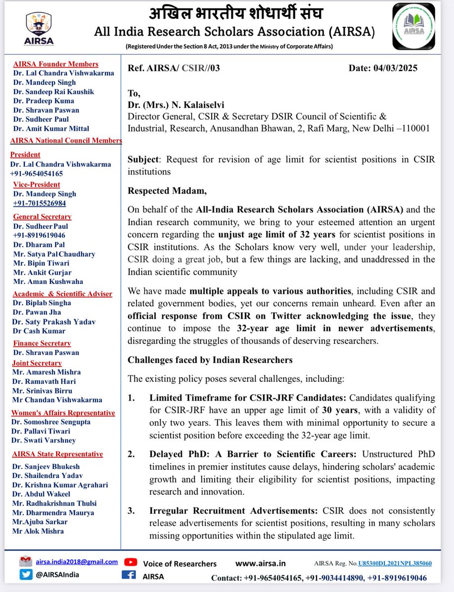 AIRSAIndia's tweet image. Research is an endless pursuit, but Indian researchers with PhDs &amp;amp; postdoctoral experience remain ineligible for scientist positions in @CSIR_IND institutions due to arbitrary policies. Despite numerous requests pending, scholars are still awaiting a positive response from CSIR