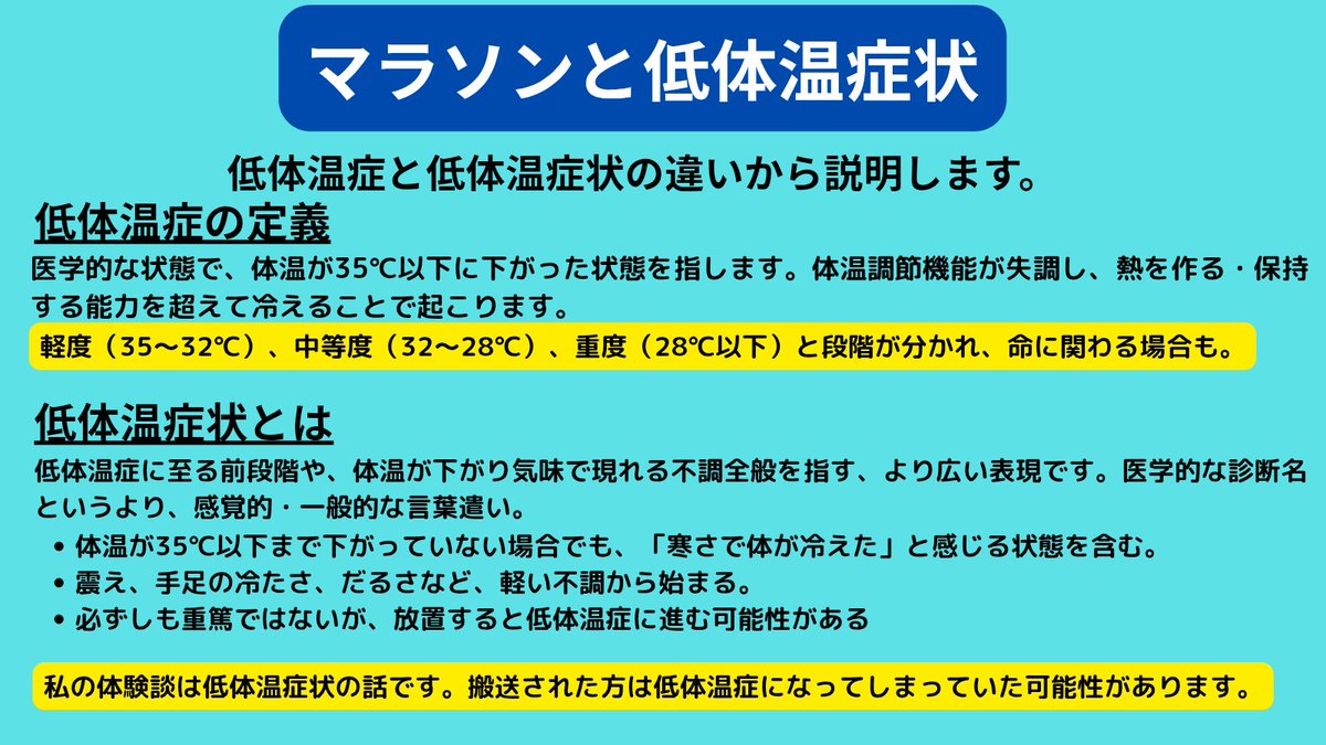 bunbukuimamuu's tweet photo. 寒い中レースに参加された皆様に届きますように！過酷な体験談も🙇

板橋Cityマラソンやさいたまマラソン、そして雪降る大阪マラソンに参加された皆様、体調はいかがでしょうか。
今回は寒いレース環境で身体にどんなことがあるのか、低体温症状の対処法を画像でまとめてみました！
※理学療法やNSCAの教本がベース。栄養学は別途書籍・ネット参照。

 ここから、低体温症状の体験談です🤔 
私は熊本城マラソン2020に参加し、低体温症状に近い状態を経験しました。 当日は雨と風が強く、気温は午前9時の16.7℃から午後4時には8.7℃まで急降下。熊本市消防局によると、42人のランナーが搬送され、1人は意識不明だったそうです。
主な原因は雨と冷え込みによる低体温症。 
私も後半、寒さで体が硬直。30km過ぎから脚が動かなくなり（疲労で止まるのとはまた違う感覚…）、止まると余計に冷える気がして、歩いたり走ったりを繰り返しました。
 40km地点のエイドでイチゴを食べながら、ゲストの有森裕子さんをボーっと拝見しておりました。すると、有森さんから「走れー！」と激を飛ばして頂きました🥹
 ラスト2kmは気力で走り、なんとか3:31でゴール。この時の心情は「とにかくゴールしたい」一心でした😂
 ※ちなみに40kmのエイドは手指が硬直。本当は黒糖ドーナツを食べたかったのですが袋が開けられず…💦 

ゴール後は防寒着を着て震えながら温かい飲み物を飲み、祖母の家で即お風呂へ。
 翌々日、朝のニュースで搬送者数の報道を見て驚きました。
 低体温症、ほんと怖いですね。
 皆様、レースからまだ4日目。
ゆっくりご自愛ください🙇
#マラソン　#ランニング