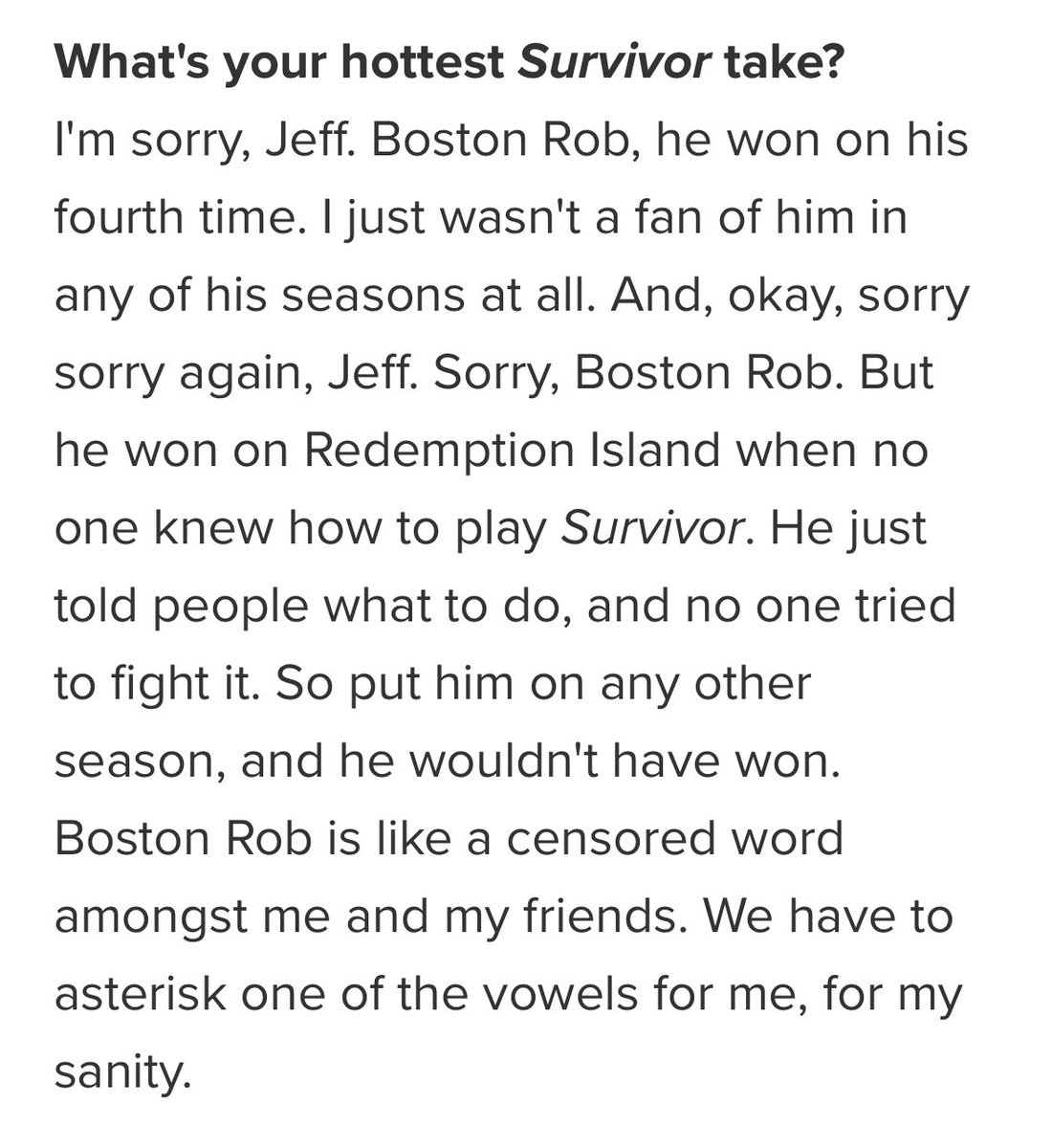 She really said “fuck Boston R*b” and then went to a minority tribe swap with all men and absolutely devoured. 

The feminist icon we deserve. 

#Survivor48