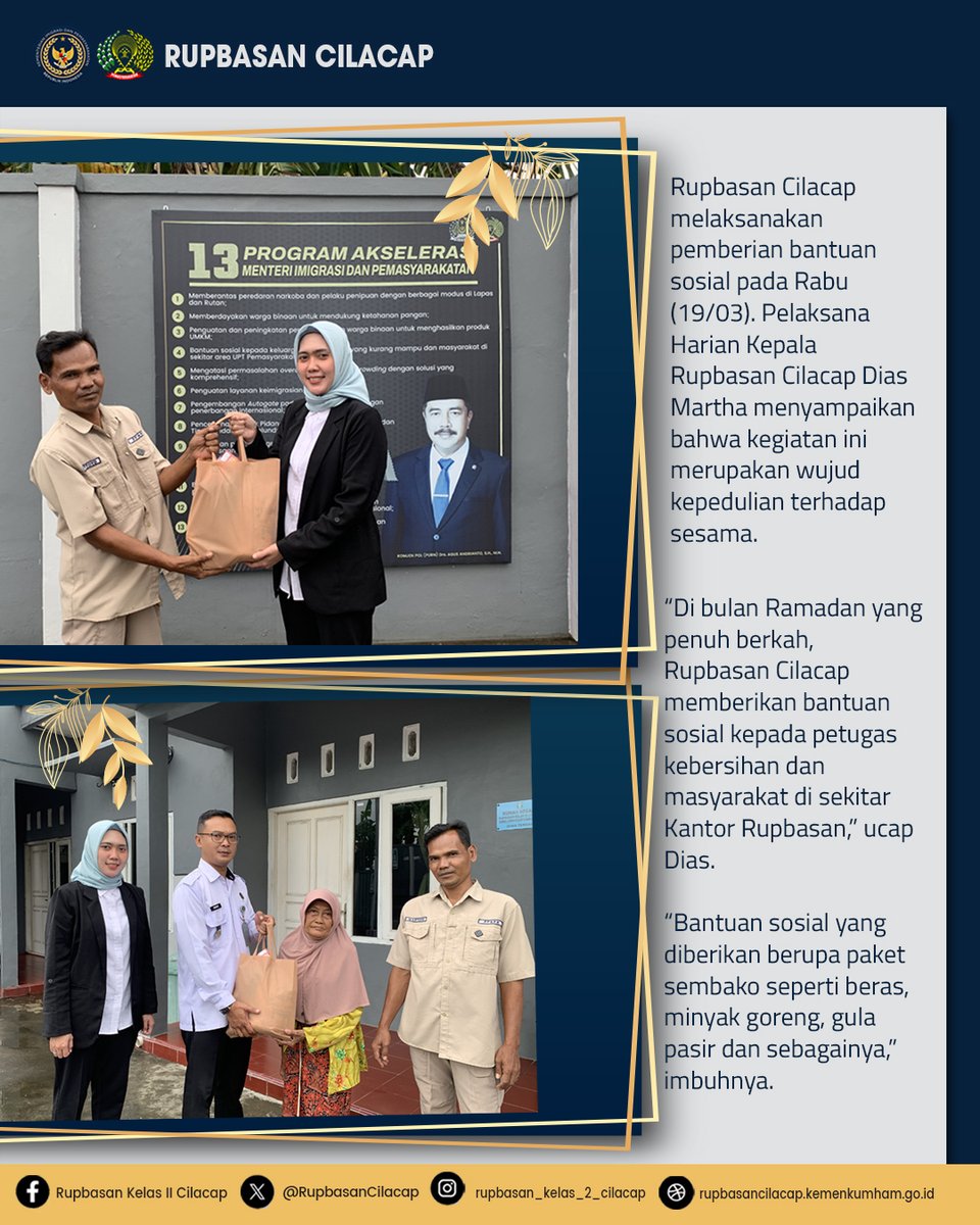 RupbasanCilacap's tweet photo. “Di bulan Ramadan yang penuh berkah, Rupbasan Cilacap memberikan bantuan sosial kepada petugas kebersihan dan masyarakat di sekitar Kantor Rupbasan,” ucap Dias

“Bantuan sosial yang diberikan berupa paket sembako seperti beras, minyak goreng, gula pasir dan sebagainya,” imbuhnya https://t.co/swulWjcRvS
