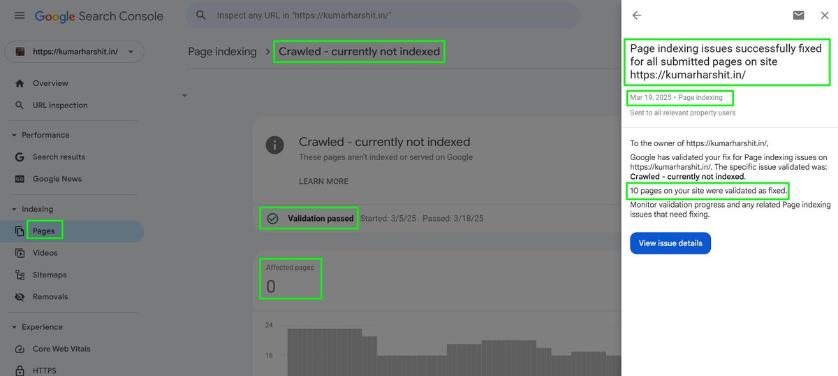 its_HarshitK's tweet image. Millions face the &quot;Crawled - Currently Not Indexed&quot; issue in GSC. But today, KumarHarshit.In passed validation—10 pages now indexed! 
🔍 What worked?
✔️ Content updates
✔️ Internal linking
✔️ Sitemap &amp;amp; manual requests
#SEO #GoogleIndexing #SearchConsole #Indexing #SEOtips
