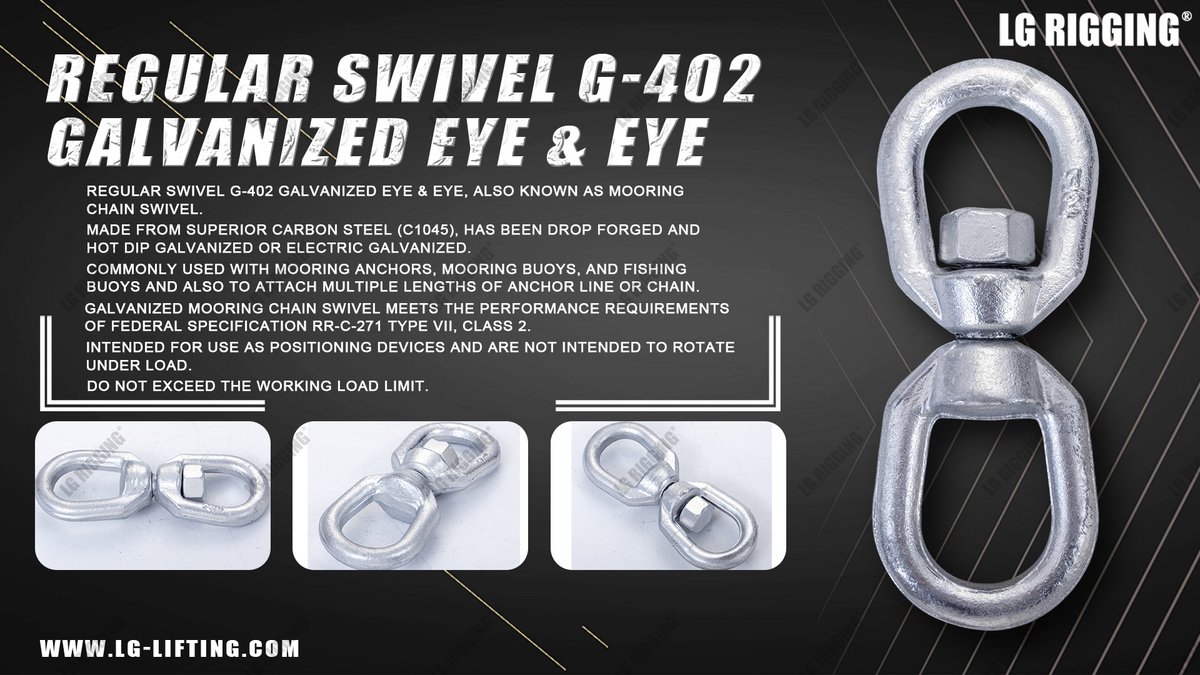 LG_RIGGING's tweet photo. Enhance your marine rigging with our Regular Swivel G-402 Galvanized Eye &amp; Eye! Made from superior carbon steel, it’s drop forged and galvanized for durability. Perfect for mooring and fishing applications. 
https://t.co/h33FGdjNik
Welcome to contact us: sales@lg-lifting.com https://t.co/KEdMRdh4gV
