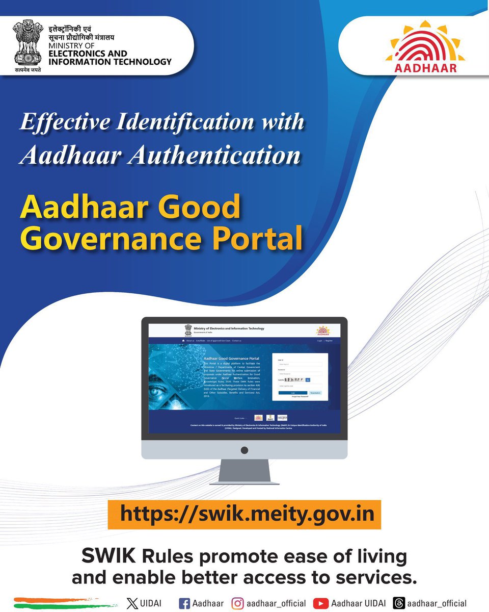 UIDAIBengaluru's tweet photo. #AadhaarGoodGovernancePortal has been launched recently. 
The portal aims to enhance #EaseofLiving &amp; enable better access to service through #Aadhaar authentication.  
#SWIK https://t.co/zKyPo0pDtS